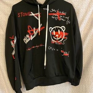 Goth Skater Black and Red Hoodie with Red and White Graphics Men Size S